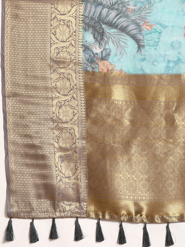 Turquoise Munga Silk Digital Print Animal Print Saree with Unstitched Blouse - Hiral Fashion | Grocsy