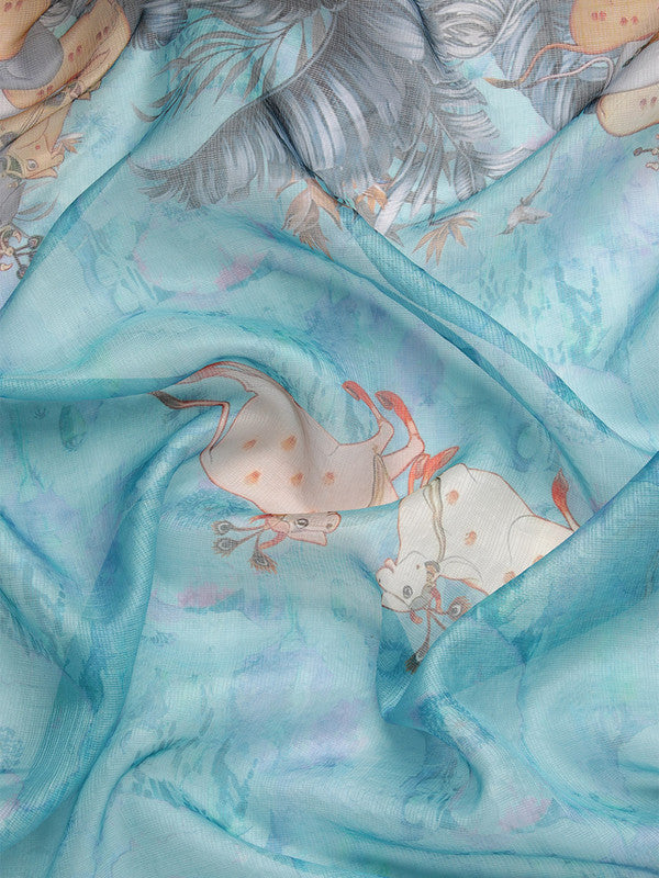 Turquoise Munga Silk Digital Print Animal Print Saree with Unstitched Blouse - Hiral Fashion | Grocsy