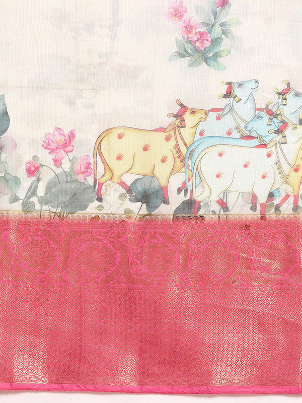 Off White Munga Silk Digital Print Animal Print Saree with Unstitched Blouse - Hiral Fashion | Grocsy