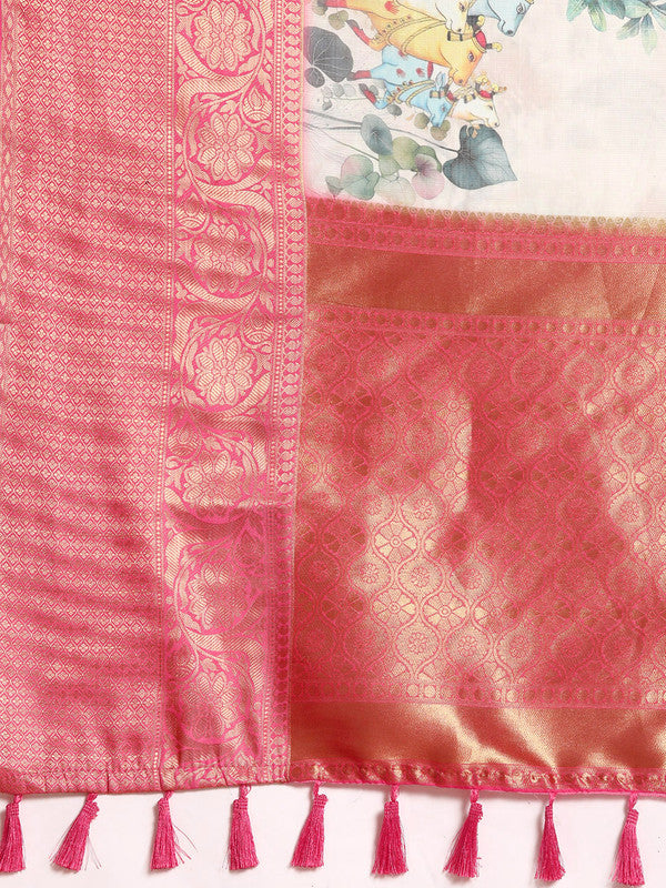 Off White Munga Silk Digital Print Animal Print Saree with Unstitched Blouse - Hiral Fashion | Grocsy