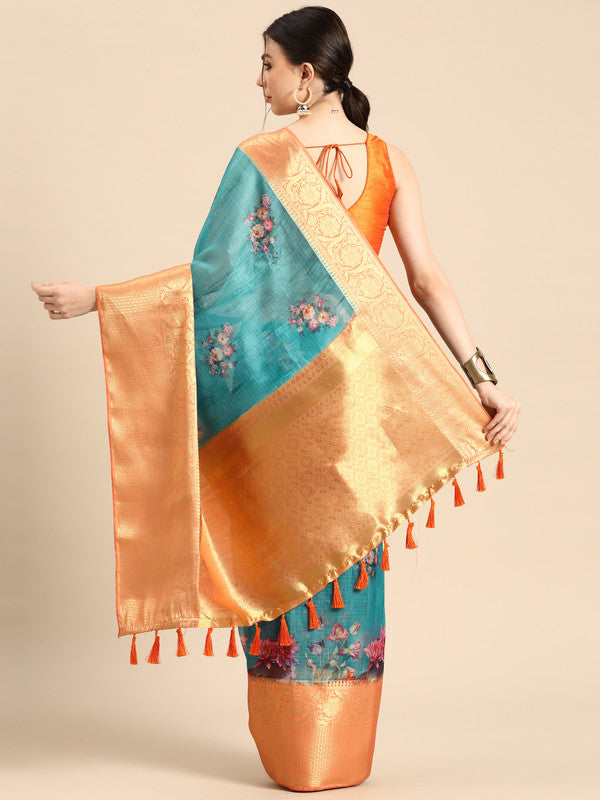 Turquoise Munga Silk Digital Print Animal Print Saree with Unstitched Blouse - Hiral Fashion | Grocsy