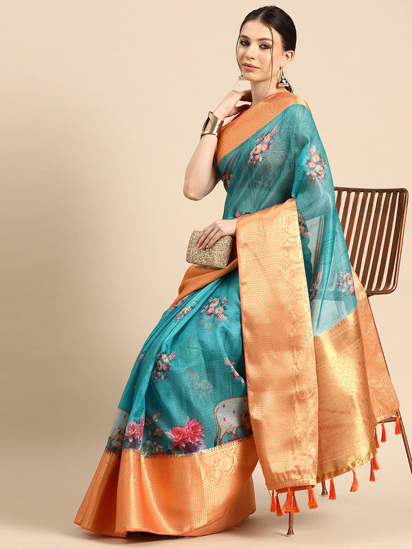 Turquoise Munga Silk Digital Print Animal Print Saree with Unstitched Blouse - Hiral Fashion | Grocsy