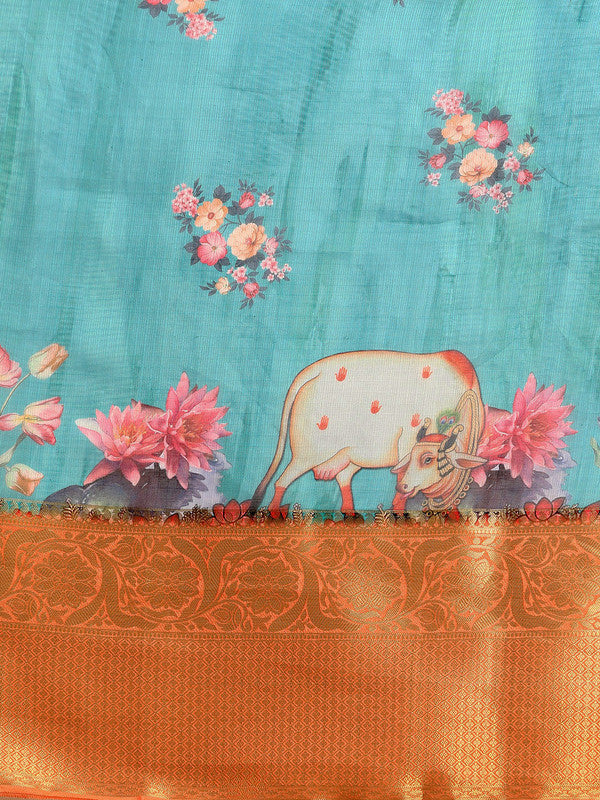 Turquoise Munga Silk Digital Print Animal Print Saree with Unstitched Blouse - Hiral Fashion | Grocsy