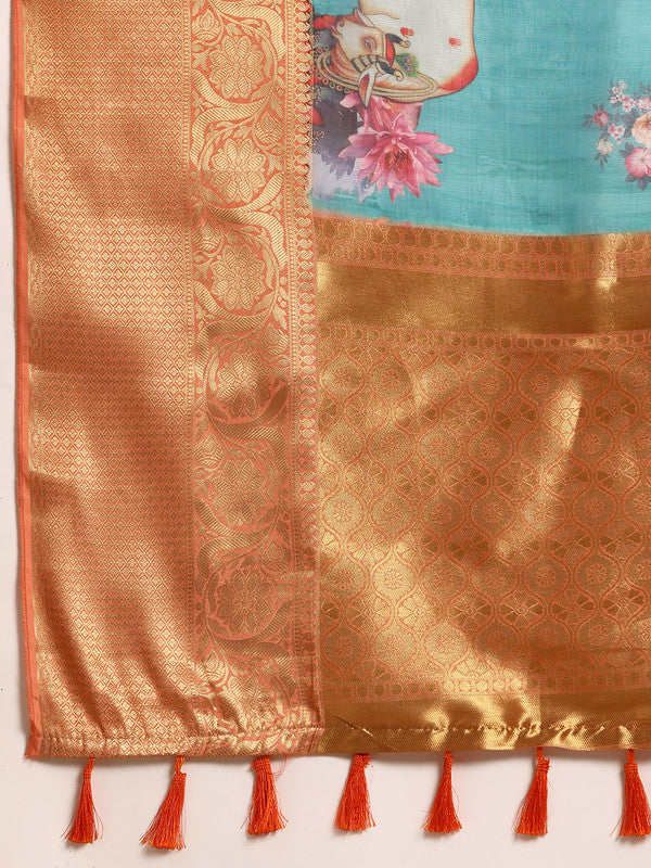 Turquoise Munga Silk Digital Print Animal Print Saree with Unstitched Blouse - Hiral Fashion | Grocsy