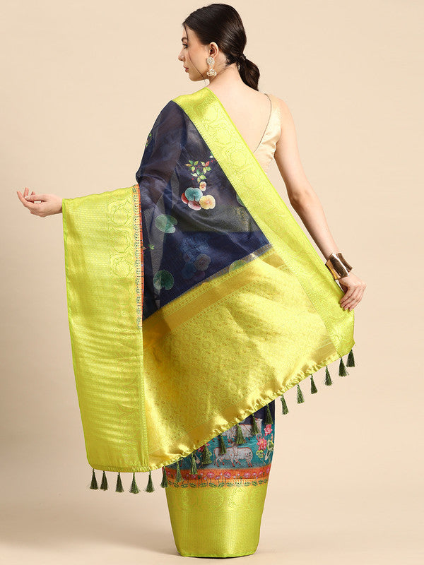 Navy Blue Munga Silk Digital Print Animal Print Saree with Unstitched Blouse - Hiral Fashion | Grocsy
