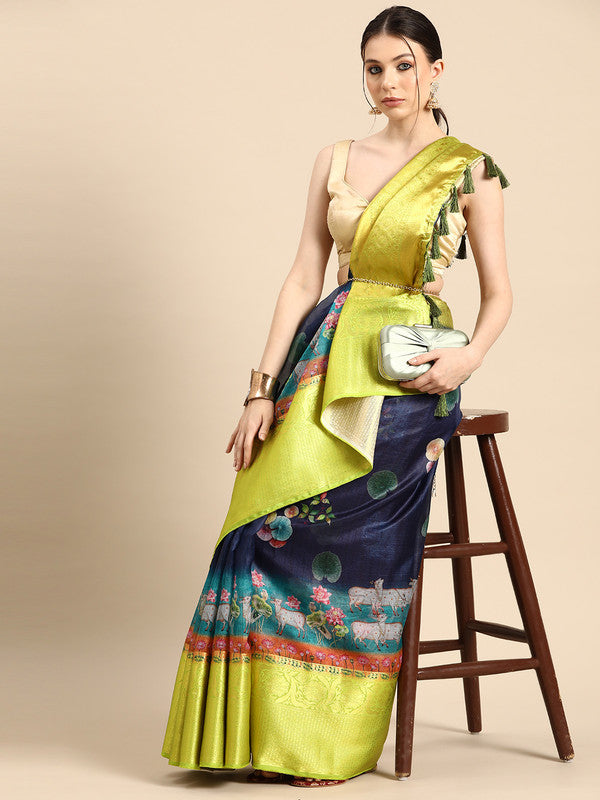 Navy Blue Munga Silk Digital Print Animal Print Saree with Unstitched Blouse - Hiral Fashion | Grocsy