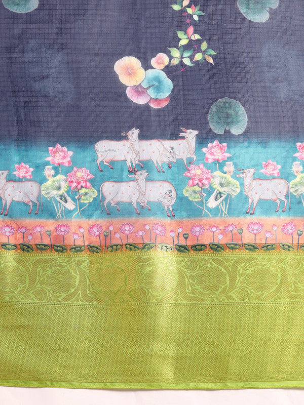 Navy Blue Munga Silk Digital Print Animal Print Saree with Unstitched Blouse - Hiral Fashion | Grocsy