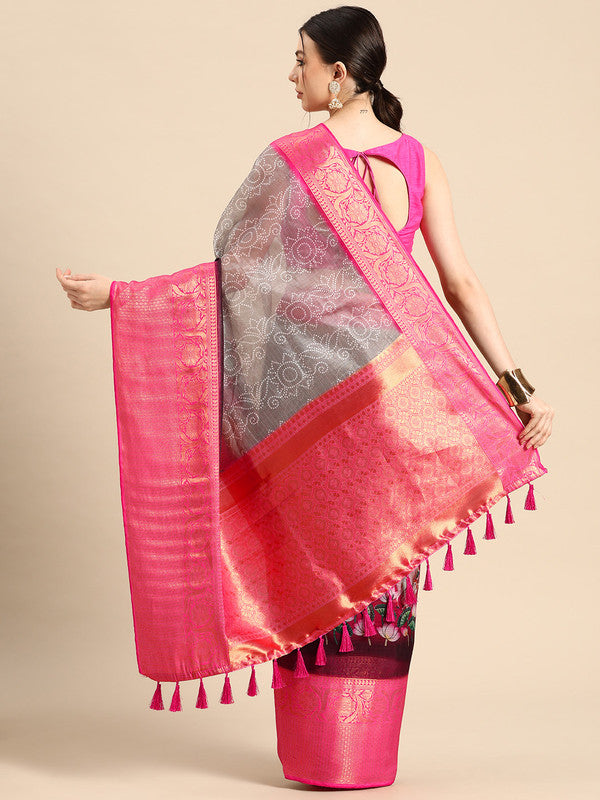 Gray Munga Silk Digital Print Bandhani Saree with Unstitched Blouse - Hiral Fashion | Grocsy
