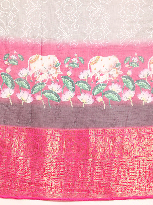 Gray Munga Silk Digital Print Bandhani Saree with Unstitched Blouse - Hiral Fashion | Grocsy