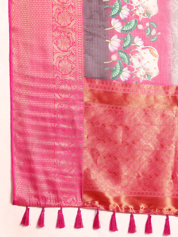 Gray Munga Silk Digital Print Bandhani Saree with Unstitched Blouse - Hiral Fashion | Grocsy