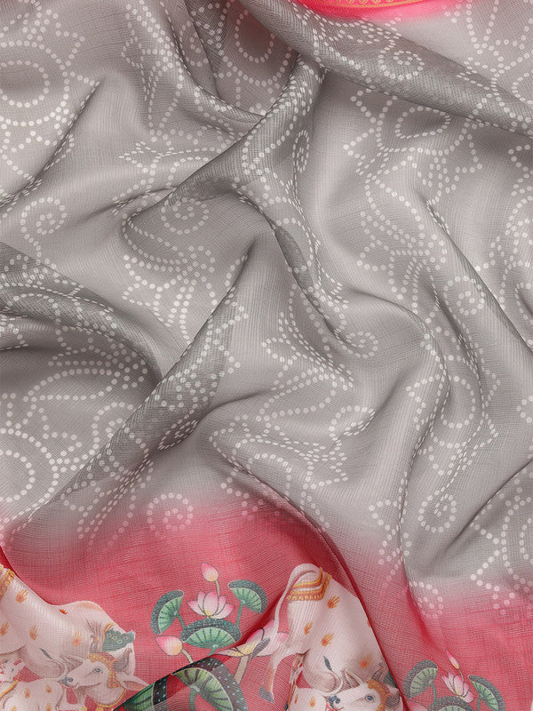 Gray Munga Silk Digital Print Bandhani Saree with Unstitched Blouse - Hiral Fashion | Grocsy