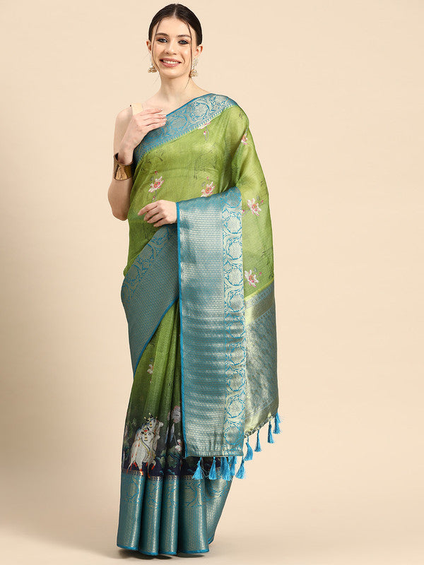Olive Munga Silk Digital Print Animal Print Saree with Unstitched Blouse - Hiral Fashion | Grocsy