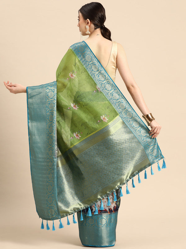 Olive Munga Silk Digital Print Animal Print Saree with Unstitched Blouse - Hiral Fashion | Grocsy