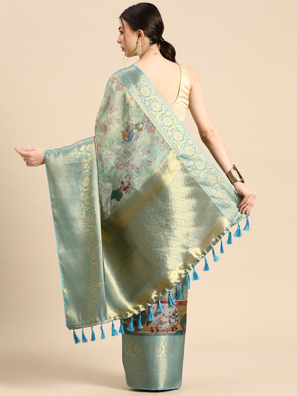 Green Munga Silk Digital Print Animal Print Saree with Unstitched Blouse - Hiral Fashion | Grocsy