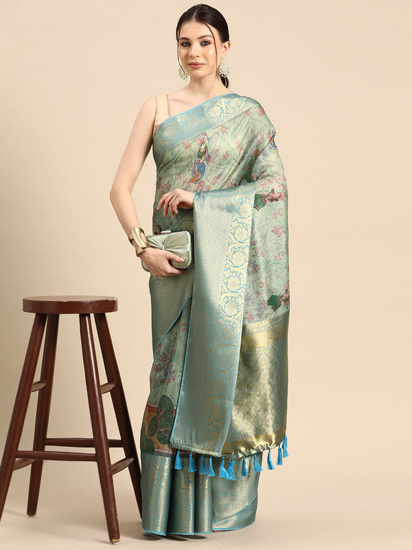 Green Munga Silk Digital Print Animal Print Saree with Unstitched Blouse - Hiral Fashion | Grocsy