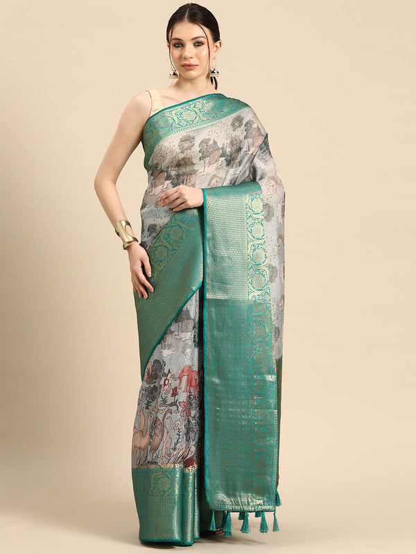 Gray Munga Silk Digital Print Animal Print Saree with Unstitched Blouse - Hiral Fashion | Grocsy