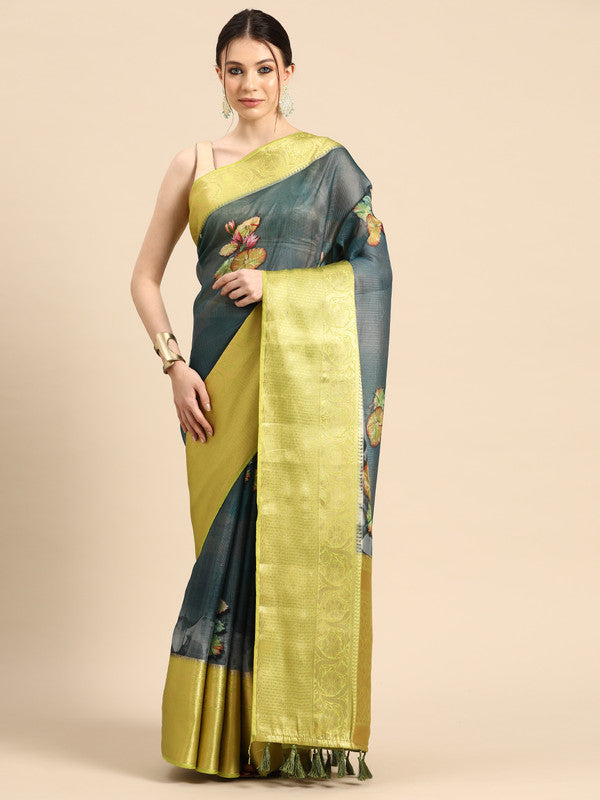 Dark Blue Munga Silk Digital Print Floral Saree with Unstitched Blouse - Hiral Fashion | Grocsy