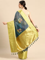 Dark Blue Munga Silk Digital Print Floral Saree with Unstitched Blouse - Hiral Fashion | Grocsy