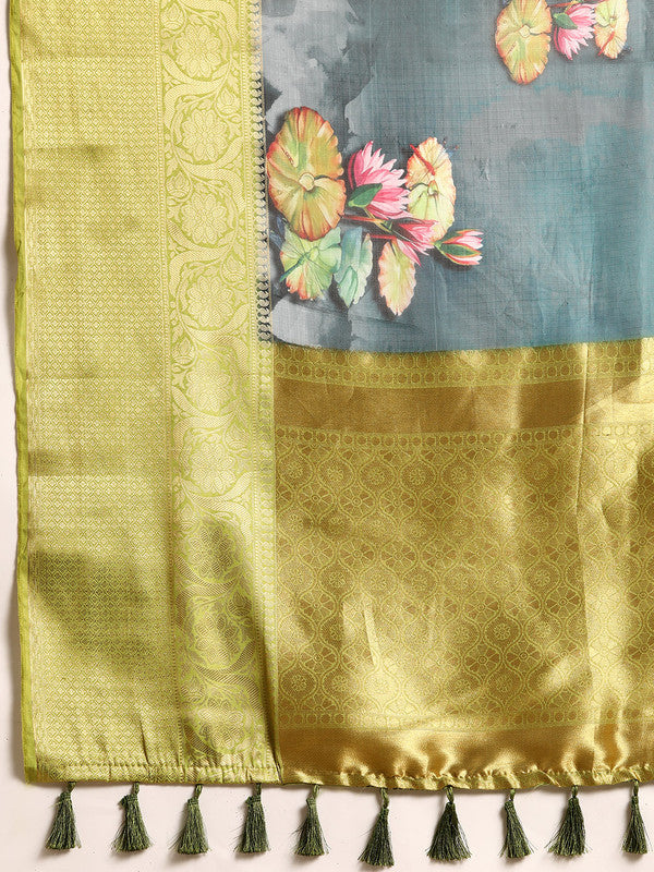Dark Blue Munga Silk Digital Print Floral Saree with Unstitched Blouse - Hiral Fashion | Grocsy