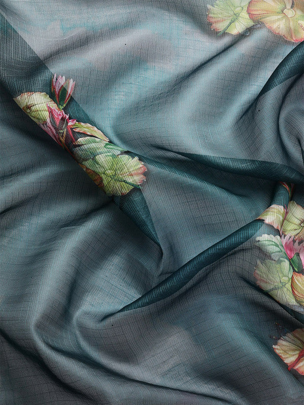 Dark Blue Munga Silk Digital Print Floral Saree with Unstitched Blouse - Hiral Fashion | Grocsy