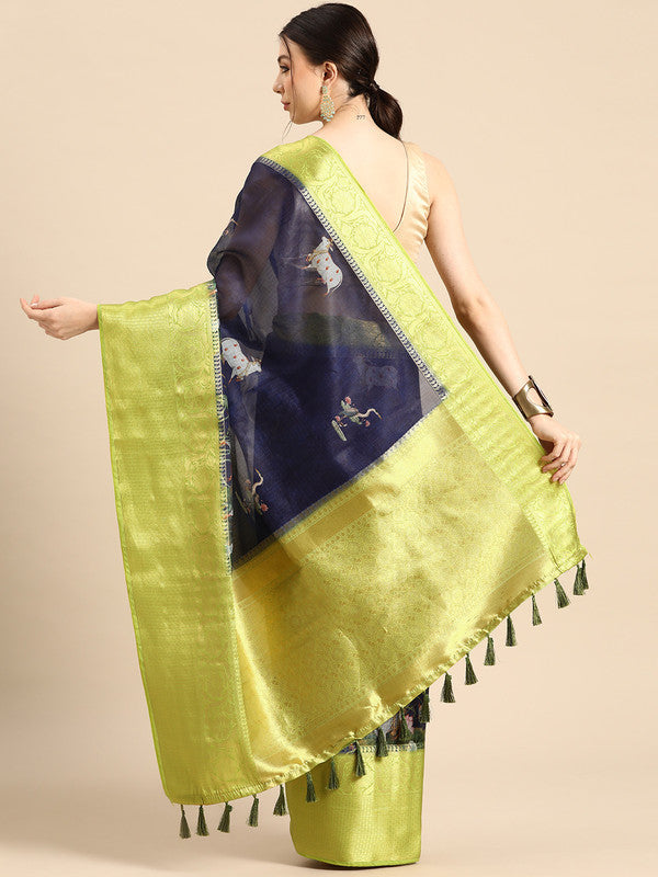 Navy Blue Munga Silk Digital Print Animal Print Saree with Unstitched Blouse - Hiral Fashion | Grocsy