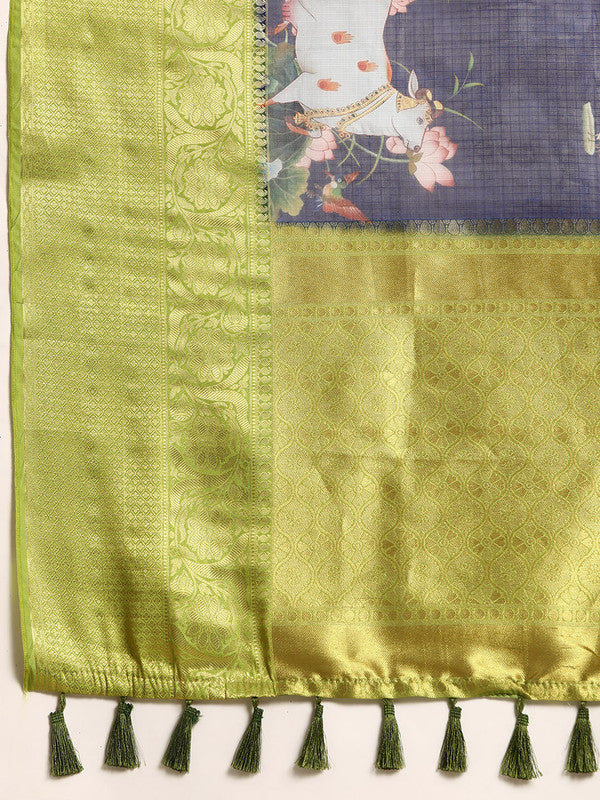 Navy Blue Munga Silk Digital Print Animal Print Saree with Unstitched Blouse - Hiral Fashion | Grocsy