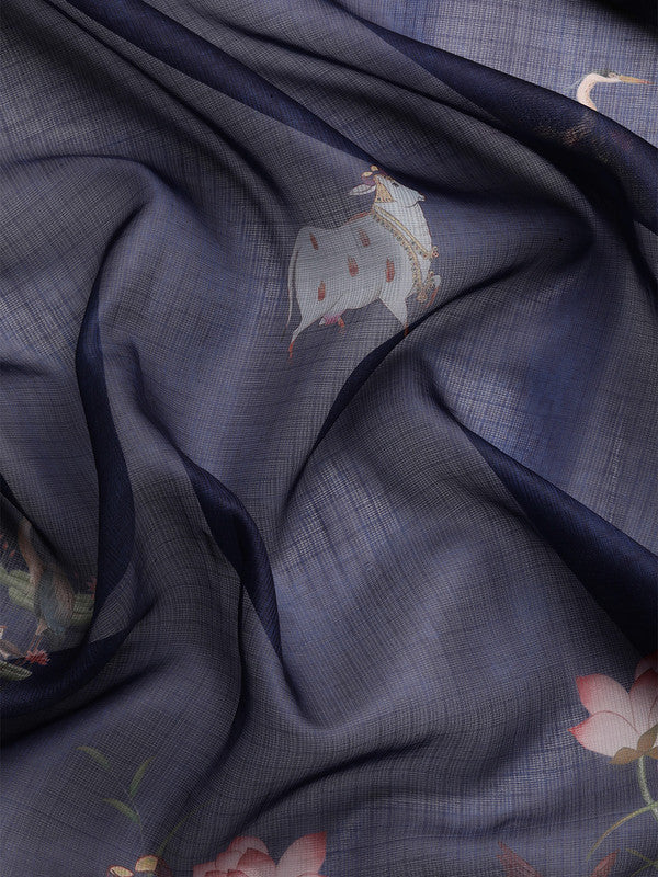 Navy Blue Munga Silk Digital Print Animal Print Saree with Unstitched Blouse - Hiral Fashion | Grocsy