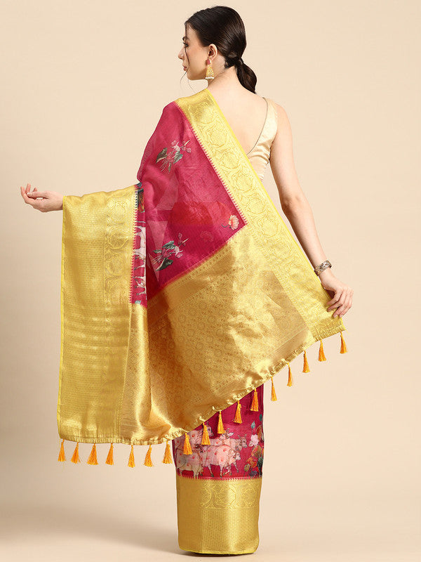 Red Munga Silk Digital Print Animal Print Saree with Unstitched Blouse - Hiral Fashion | Grocsy