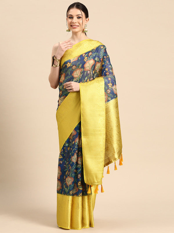 Dark Blue Munga Silk Digital Print Floral Saree with Unstitched Blouse - Hiral Fashion | Grocsy
