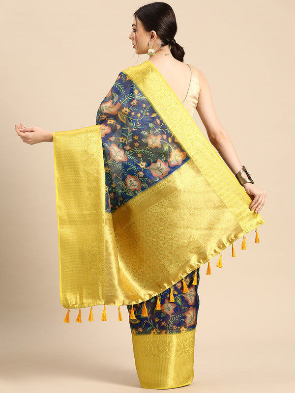 Dark Blue Munga Silk Digital Print Floral Saree with Unstitched Blouse - Hiral Fashion | Grocsy