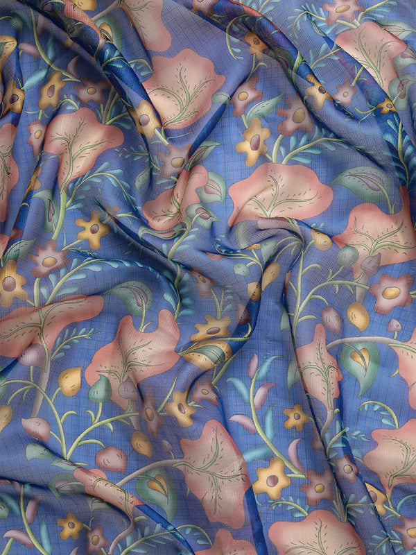 Dark Blue Munga Silk Digital Print Floral Saree with Unstitched Blouse - Hiral Fashion | Grocsy