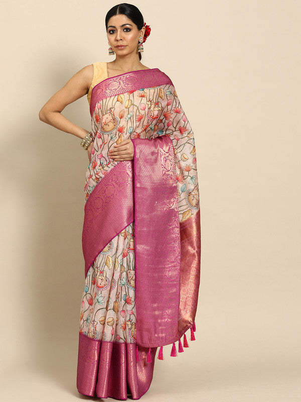 Beige Munga Silk Digital Print Animal Print Saree with Unstitched Blouse - Hiral Fashion | Grocsy
