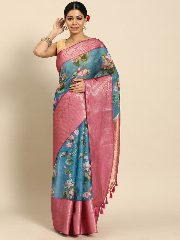 Turquoise Munga Silk Digital Print Floral Saree with Unstitched Blouse - Hiral Fashion | Grocsy