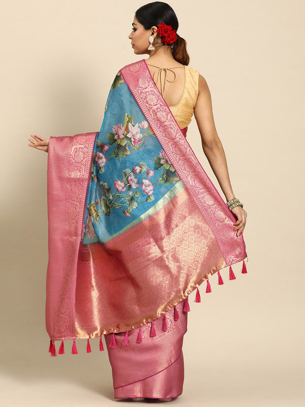 Turquoise Munga Silk Digital Print Floral Saree with Unstitched Blouse - Hiral Fashion | Grocsy