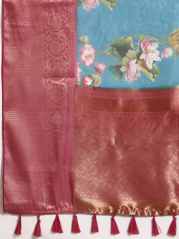 Turquoise Munga Silk Digital Print Floral Saree with Unstitched Blouse - Hiral Fashion | Grocsy