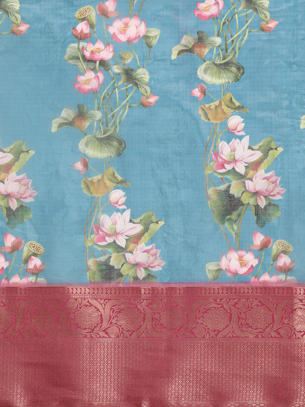 Turquoise Munga Silk Digital Print Floral Saree with Unstitched Blouse - Hiral Fashion | Grocsy