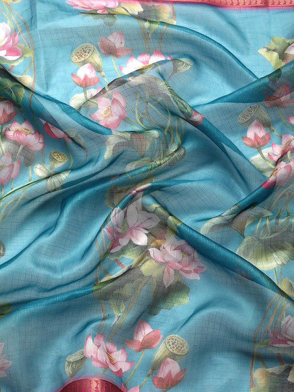 Turquoise Munga Silk Digital Print Floral Saree with Unstitched Blouse - Hiral Fashion | Grocsy