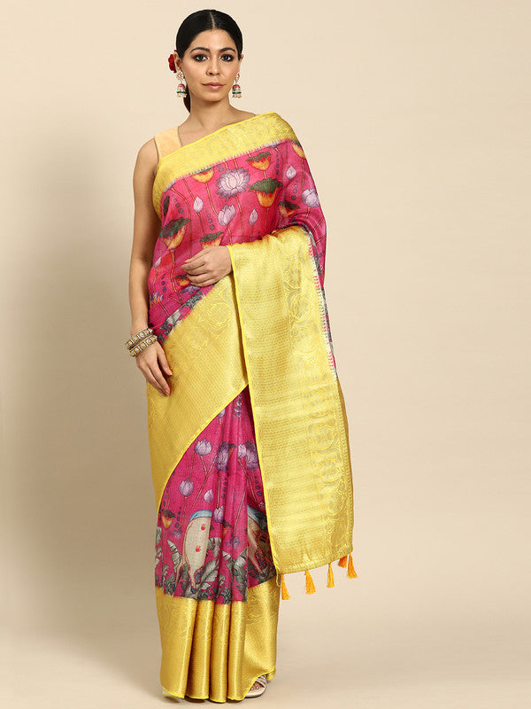 Pink Munga Silk Digital Print Animal Print Saree with Unstitched Blouse - Hiral Fashion | Grocsy