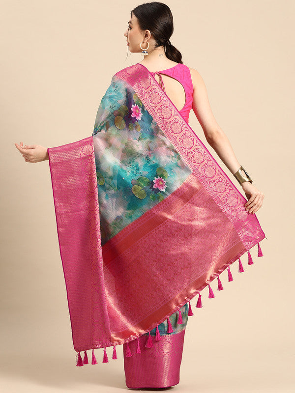 Multicolor Munga Silk Digital Print Floral Saree with Unstitched Blouse - Hiral Fashion | Grocsy