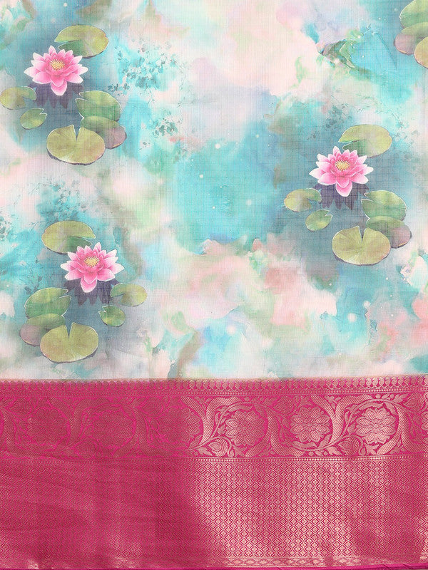 Multicolor Munga Silk Digital Print Floral Saree with Unstitched Blouse - Hiral Fashion | Grocsy
