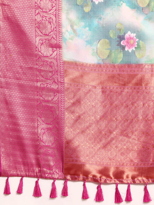 Multicolor Munga Silk Digital Print Floral Saree with Unstitched Blouse - Hiral Fashion | Grocsy