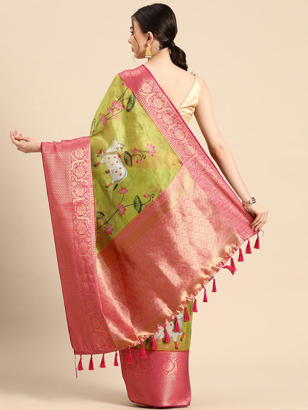 Olive Munga Silk Digital Print Animal Print Saree with Unstitched Blouse - Hiral Fashion | Grocsy