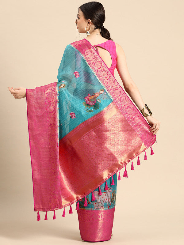 Turquoise Munga Silk Digital Print Animal Print Saree with Unstitched Blouse - Hiral Fashion | Grocsy