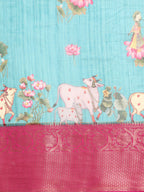 Turquoise Munga Silk Digital Print Animal Print Saree with Unstitched Blouse - Hiral Fashion | Grocsy