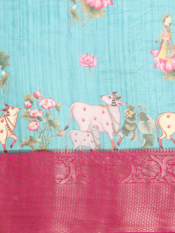 Turquoise Munga Silk Digital Print Animal Print Saree with Unstitched Blouse - Hiral Fashion | Grocsy