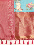 Turquoise Munga Silk Digital Print Animal Print Saree with Unstitched Blouse - Hiral Fashion | Grocsy