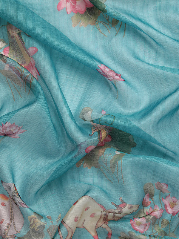 Turquoise Munga Silk Digital Print Animal Print Saree with Unstitched Blouse - Hiral Fashion | Grocsy