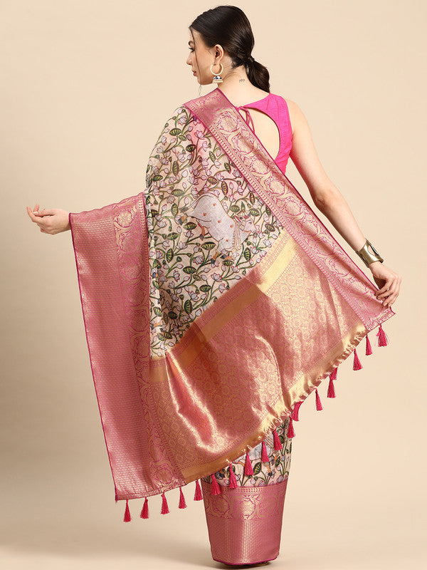 Beige Munga Silk Digital Print Animal Print Saree with Unstitched Blouse - Hiral Fashion | Grocsy