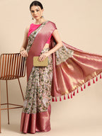 Beige Munga Silk Digital Print Animal Print Saree with Unstitched Blouse - Hiral Fashion | Grocsy