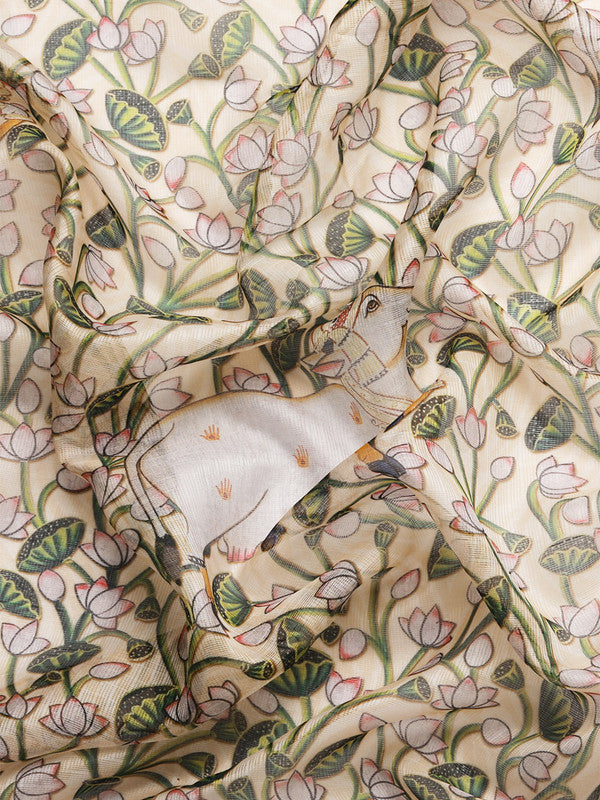 Beige Munga Silk Digital Print Animal Print Saree with Unstitched Blouse - Hiral Fashion | Grocsy